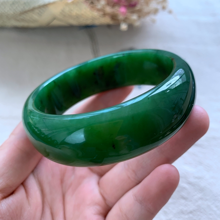 和田玉手镯少女玉镯子俄料碧玉款菠菜绿天然EB58玉石手镯正品保真
