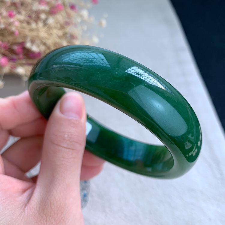 和田玉手镯少女玉镯子碧玉款俄料菠菜绿玉石手镯EB60天然正品保真