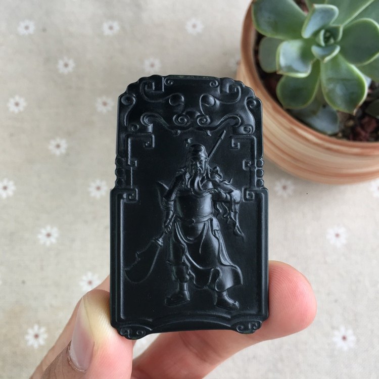 新疆和田玉黑青玉男女款山料关公挂件天然正品玉石项链牌吊坠保真