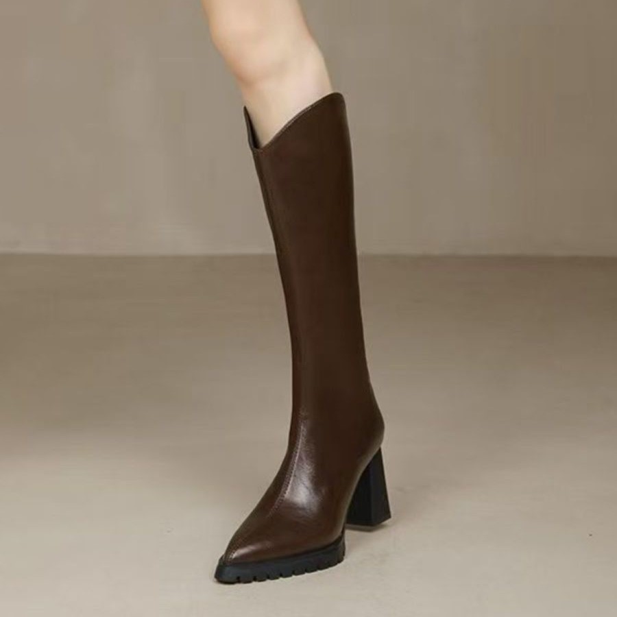 棕色口西部靴不过膝长筒靴女秋冬