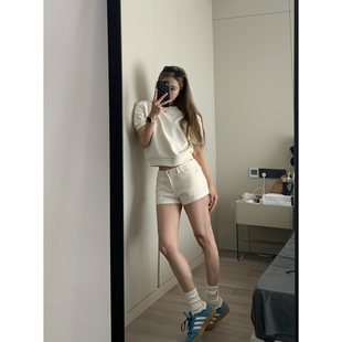 新品 夏季 不挑人百搭低腰短裤 女 T恤 留下 华夫格休闲百搭套装 1992