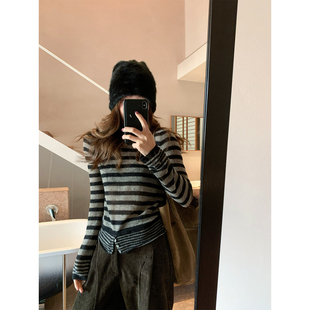 微透视感慵懒风条纹羊驼毛羊毛下摆假门襟暖羊毛衫 新款 1992 留下