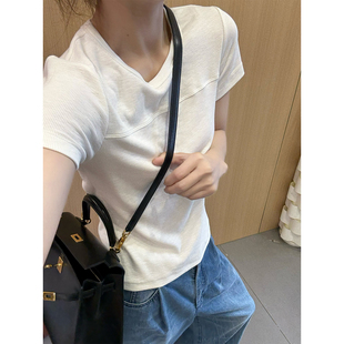 极简分割竹节螺纹短袖 早春新款 女百搭显瘦休闲T恤女 1992 留下