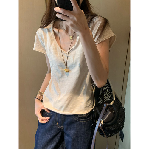 夏季百搭显瘦全棉v领短袖T恤女