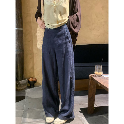 夏季老钱风亚麻阔腿裤女