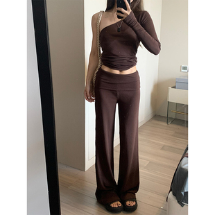 留下 1992 新款休闲显瘦中低腰直筒裤女可翻折腰头针织宽松裙裤女