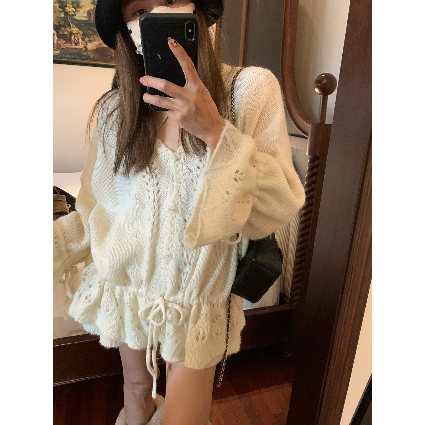 留下 1992 秋冬重工手工钩花镂空针织开衫上衣女抽绳宽松V领毛衣,女装/女士精品,毛衣,淘宝优惠券,粉丝福利购,淘宝优惠卷