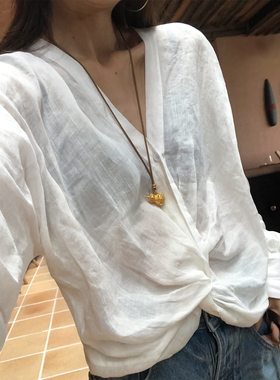 留下 1992 春夏设计感100％苎麻慵懒长袖衬衫女百搭宽松休闲上衣