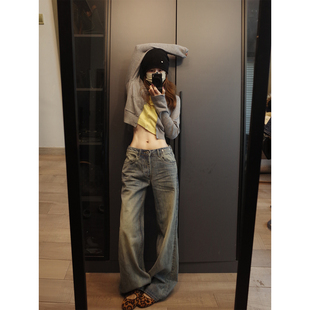 留下 1992 秋冬新款复古水洗重工立体压褶中低腰休闲牛仔休闲裤女