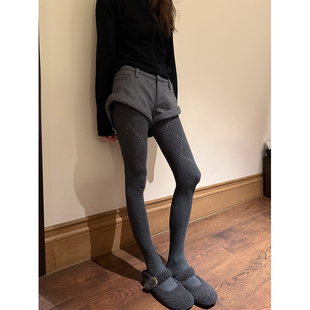 加厚连裤 留下 女秋冬季 打底裤 袜镂空菱形格咖啡色打底袜女 1992