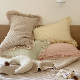 外贸出口韩国80支纯棉砂洗双层花边枕套荷叶边单人枕头套48*74cm