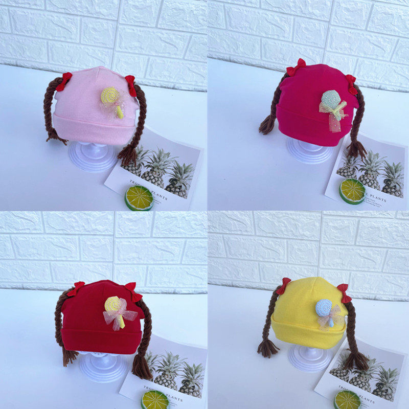 女宝宝辫子假发帽子婴儿帽可爱棒棒糖春秋夏季薄款纯棉0-6-24个月