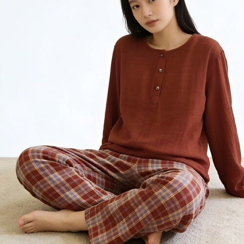 【超软色织棉纱睡衣】春夏纯棉色织双层纱家居服套装351