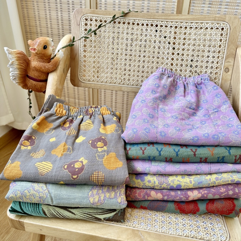 全棉色织提花无侧缝家居裤双层棉纱九分裤睡裤春夏薄款宝宝棉158