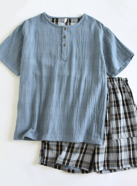 【夏季男士短袖短裤睡衣】纯棉色织双层纱家居服套装男士389