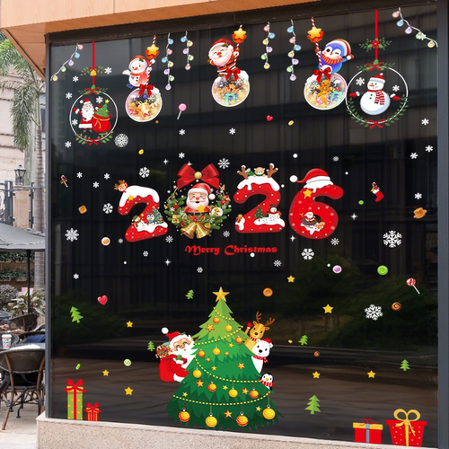 2026圣诞树玻璃门窗花贴纸圣诞节装饰布置商场商店橱窗氛围感贴画