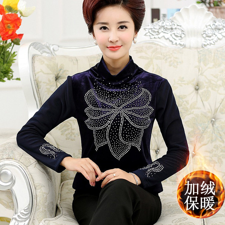 冬季新款中老年女装加绒加厚打底衫女妈妈装大码金丝绒上衣保暖衣