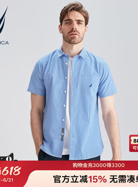 NAUTICA/诺帝卡男装夏季纯棉时尚商务休闲格纹短袖衬衫WO1204