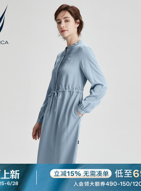 NAUTICA/诺帝卡女装春季休闲纯色舒适简约褶皱镂空连衣裙13DO05