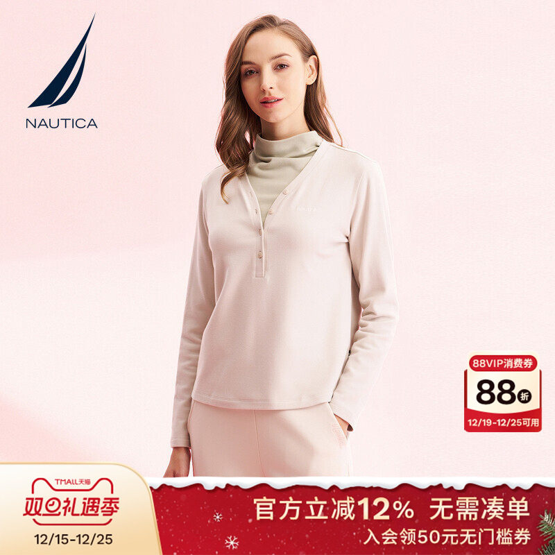 NAUTICA/诺帝卡女装春秋款双面刷毛柔软舒适半开襟T恤44T