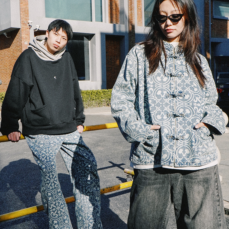 高街设计感中式牛仔套装