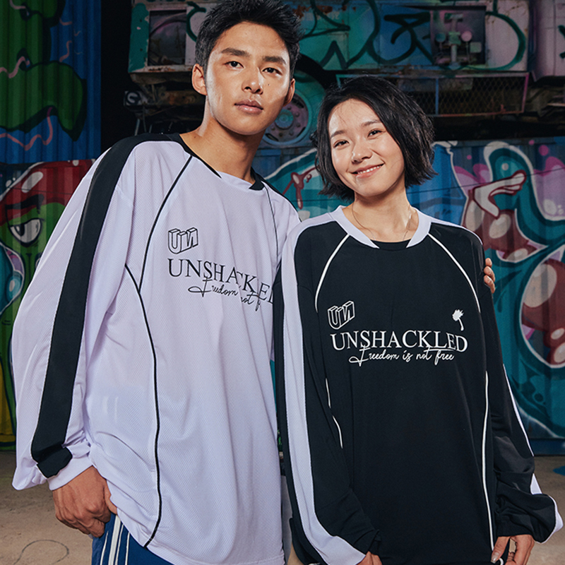 美式宽松网眼拼接长袖T恤