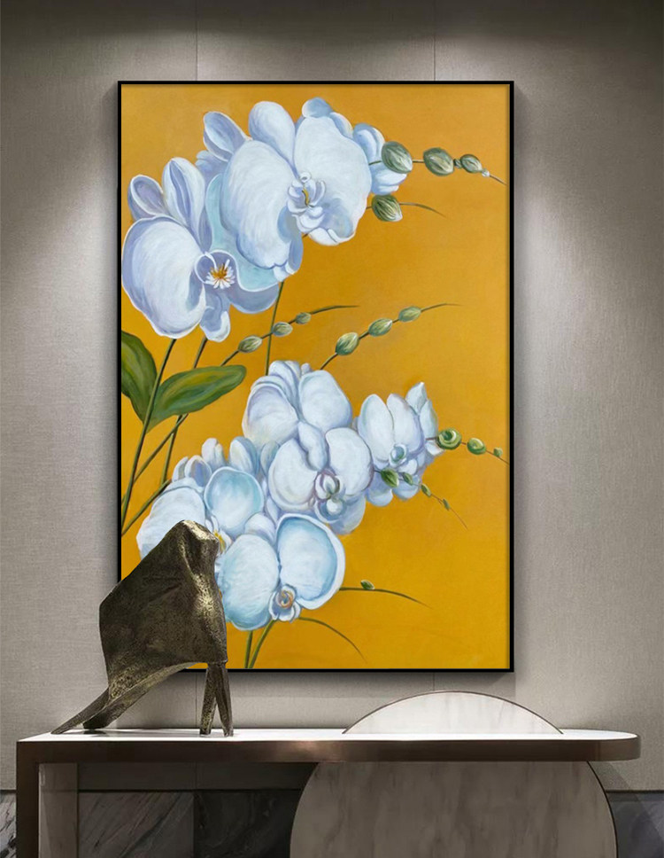 竖版立体手绘兰花油画美容院壁画中式现代酒店过道画可定制尺寸画
