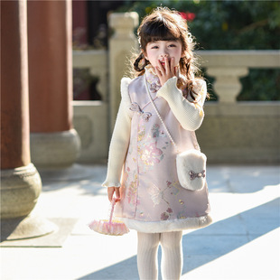 儿童旗袍女童冬季中国风连衣裙女孩新年装唐装背心裙马甲裙子加棉