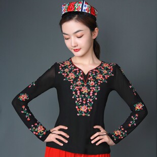 维吾族舞蹈上衣新疆少数民族演出服成人维吾尔族服装女黑薄款艺考
