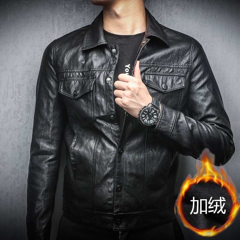 男士皮衣男韩风皮衣男翻领加绒机车风修身外套青年黑色夹克外套
