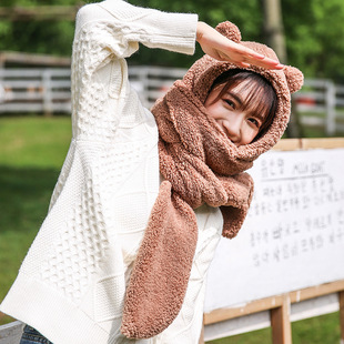 金智妮Jennie同款小熊帽子围巾一体女冬季可爱加厚保暖毛绒两件套