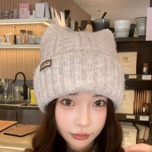 猫耳朵帽子女款秋冬季韩系高级感可爱保暖护耳显脸小针织毛线冷帽