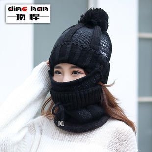 女士户外保暖冬季针织帽甜美可爱刺绣帽子围脖口罩套帽加绒毛线帽