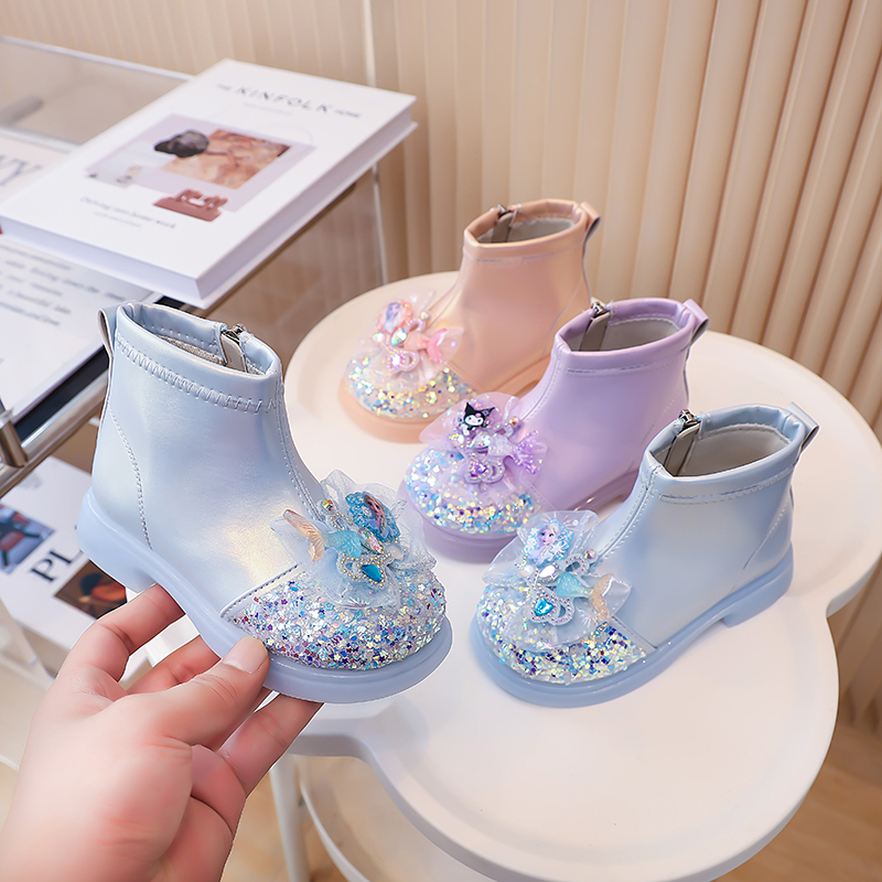 闪灯发光爱莎水晶公主靴女童短靴