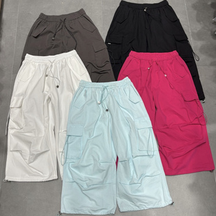 女夏季 裤 高腰抽绳束脚裤 百搭显瘦纯色休闲裤 美式 八分裤 复古工装