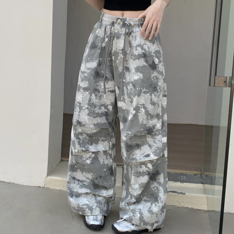 美式复古迷彩大口袋工装裤女宽松直筒阔腿2025春夏新品休闲长裤潮