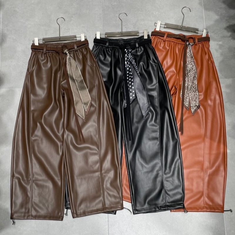 2025秋冬新品百搭柔软PU皮松紧腰配腰部皮带休闲直筒纯色弯刀裤女,女装/女士精品,皮裤,淘宝优惠券,粉丝福利购,淘宝优惠卷