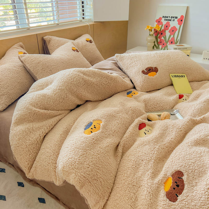 冬季卡通可爱羊羔绒牛奶绒毛巾绣加厚保暖学生被套床单床笠四件套