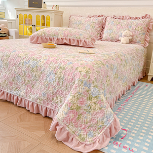秋冬加厚牛奶绒夹棉床盖单件田园碎花荷叶花边榻榻米床单炕盖保暖