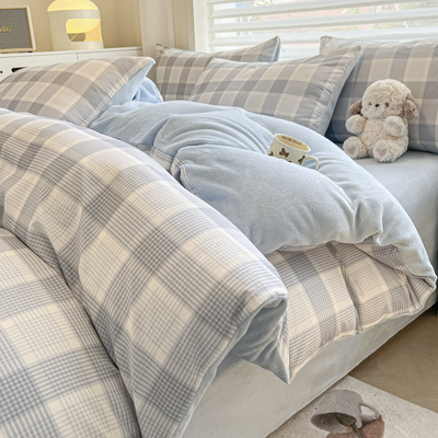 简约条纹ab面全棉加绒被套单件一面纯棉单面牛奶珊瑚绒保暖秋冬季