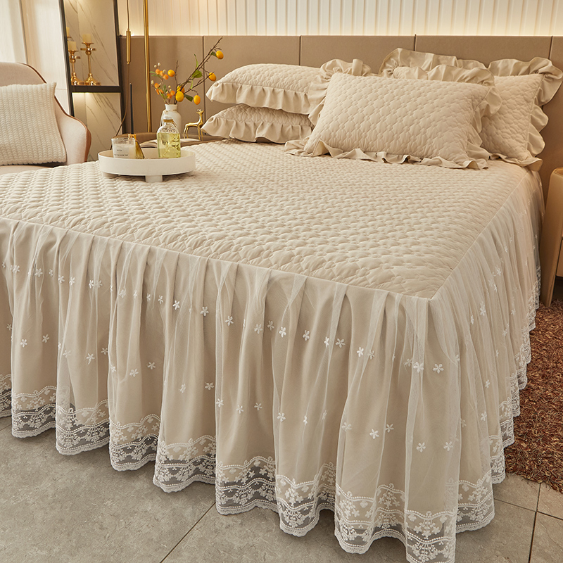 A类纯色加棉加棉床裙式单件蕾丝花边夹棉床罩防滑床垫套防尘床围