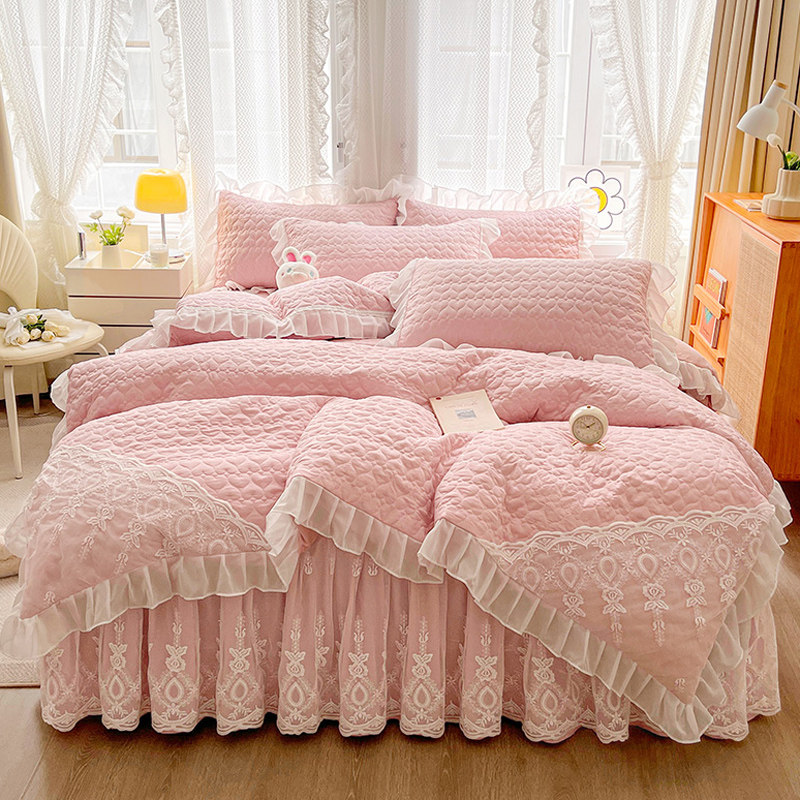 韩式加厚A类夹棉两用绗缝被套单件粉色公主风双人200x230花边被罩