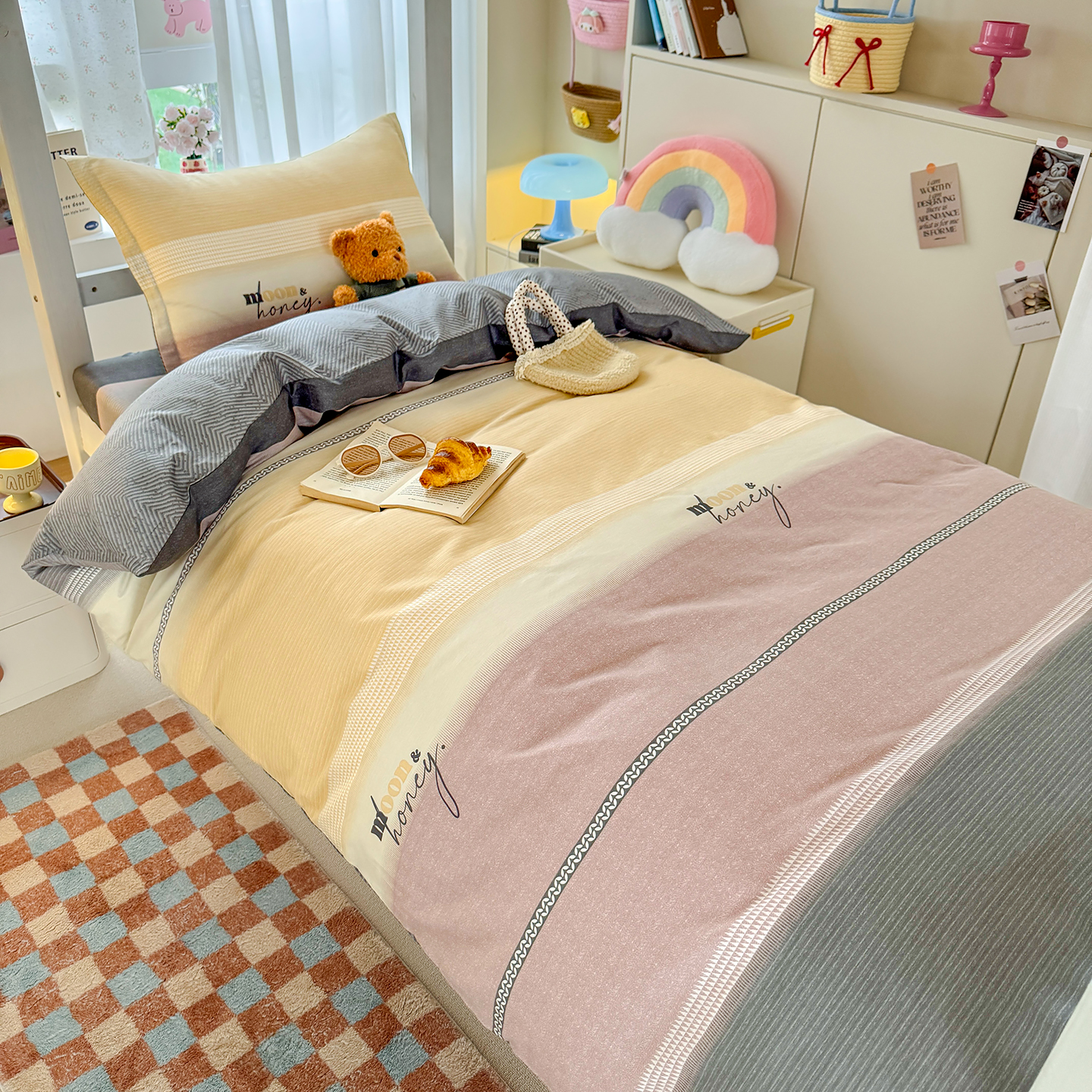 新款简约风格全棉格子拼色四件套学生宿舍床上用品六件套四季通用