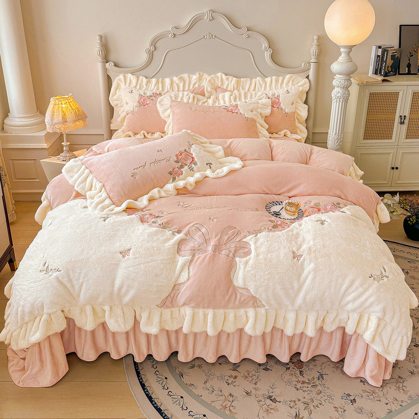 冬天高端牛奶绒贴布兔绒四件套夹棉床盖加厚保暖荷叶花边被套床品,床上用品,床品套件/四件套/多件套,淘宝优惠券,粉丝福利购,淘宝优惠卷