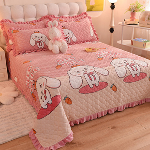 冬季加绒可爱卡通加厚牛奶绒床盖儿童男女孩保暖三件套床单毯防滑