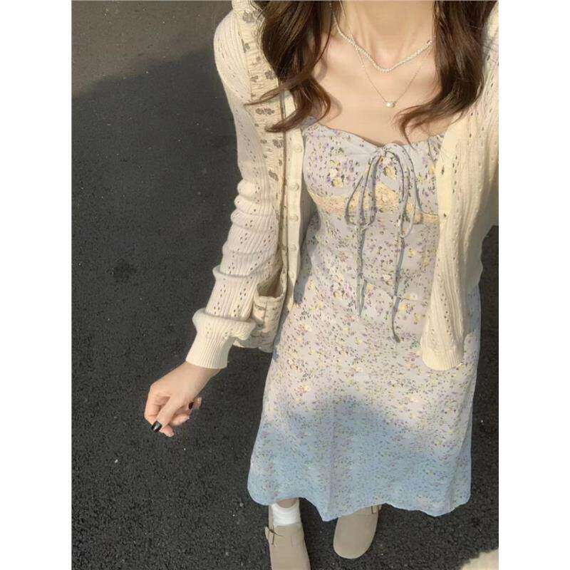 2026款法式高级感小个子漂亮掐腰长裙碎花吊带连衣裙两件套装女夏