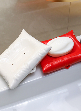 可爱温馨红色枕头陶瓷自动沥水肥皂盒婚庆陪嫁免打孔皂碟皂托架