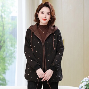 新款 大码 春秋装 加肥加大中老年女装 连帽夹克外套女休闲上衣 妈妈装