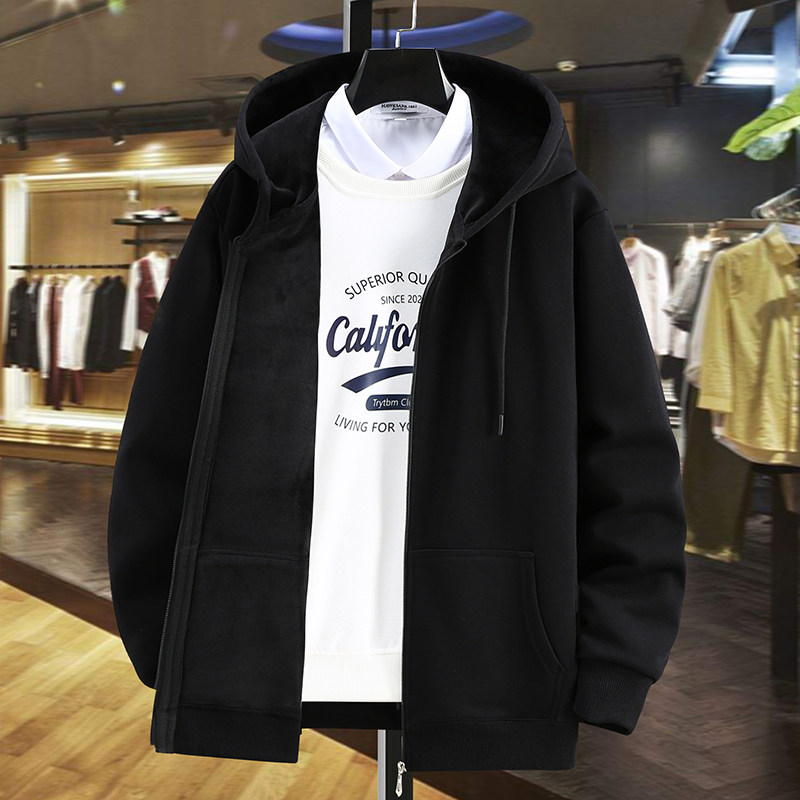 【定制】秋冬加肥加大码男卫衣加绒加厚胖子宽松连帽开衫休闲外套