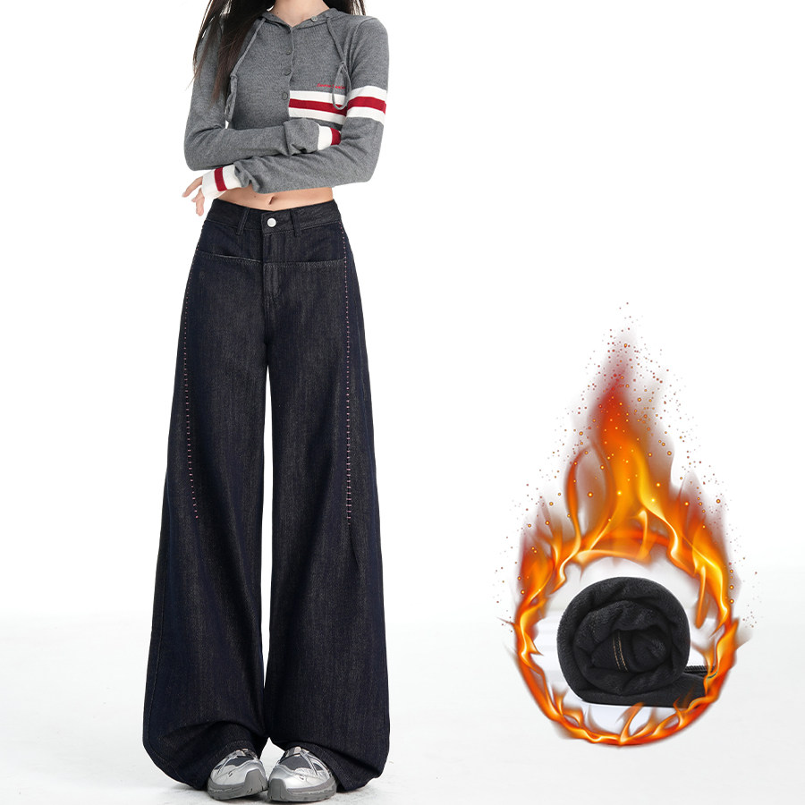 丹宁蓝阔腿牛仔裤2025年秋冬新款高腰显瘦撞色刺绣时尚加绒直筒裤，女装休闲裤，奇怪漫猴工厂店